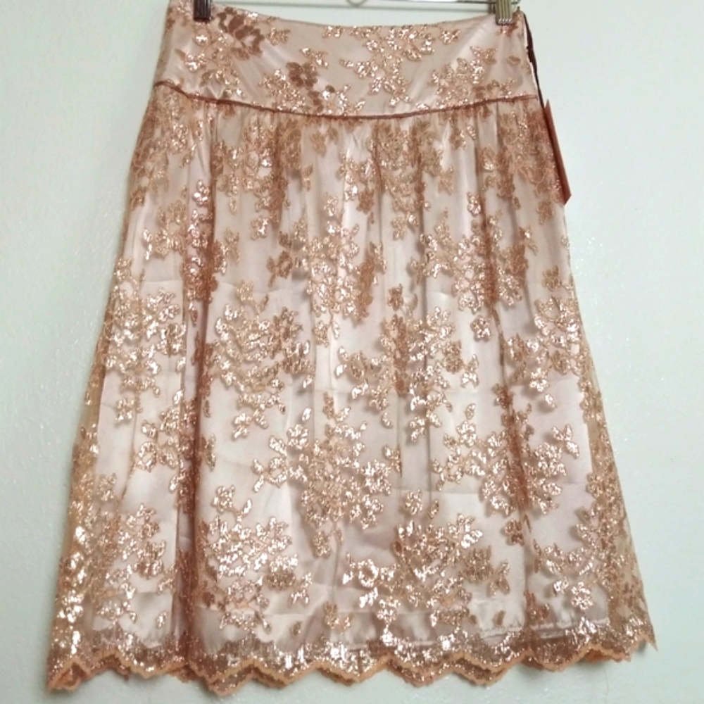 Wendy Hil Gold Rose Lace Scalloped Edge Skirt Women's Size 2 Lining